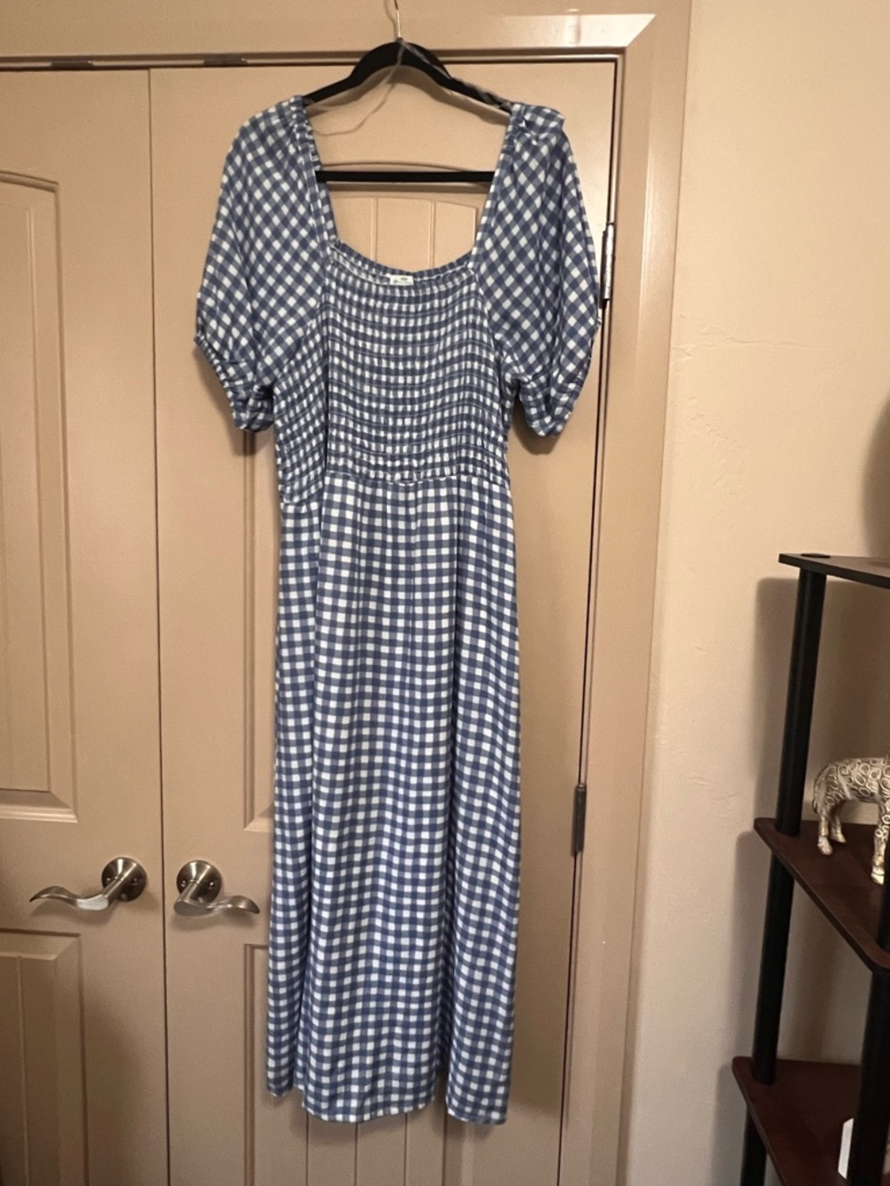 Blue Gingham Puff-Sleeve Maxi Dress